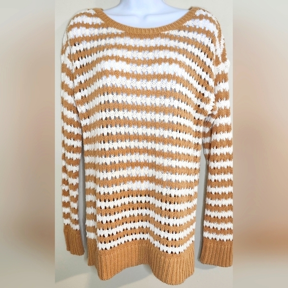 LOFT Sweaters - LOFT‎ Sweater Women's M Tan White Striped Open Weave Cotton Blend Long Sleeve